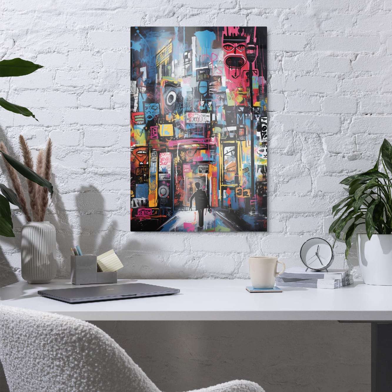 Graffiti aluminum poster as home office wall art above white desk with laptop plants and modern accessories