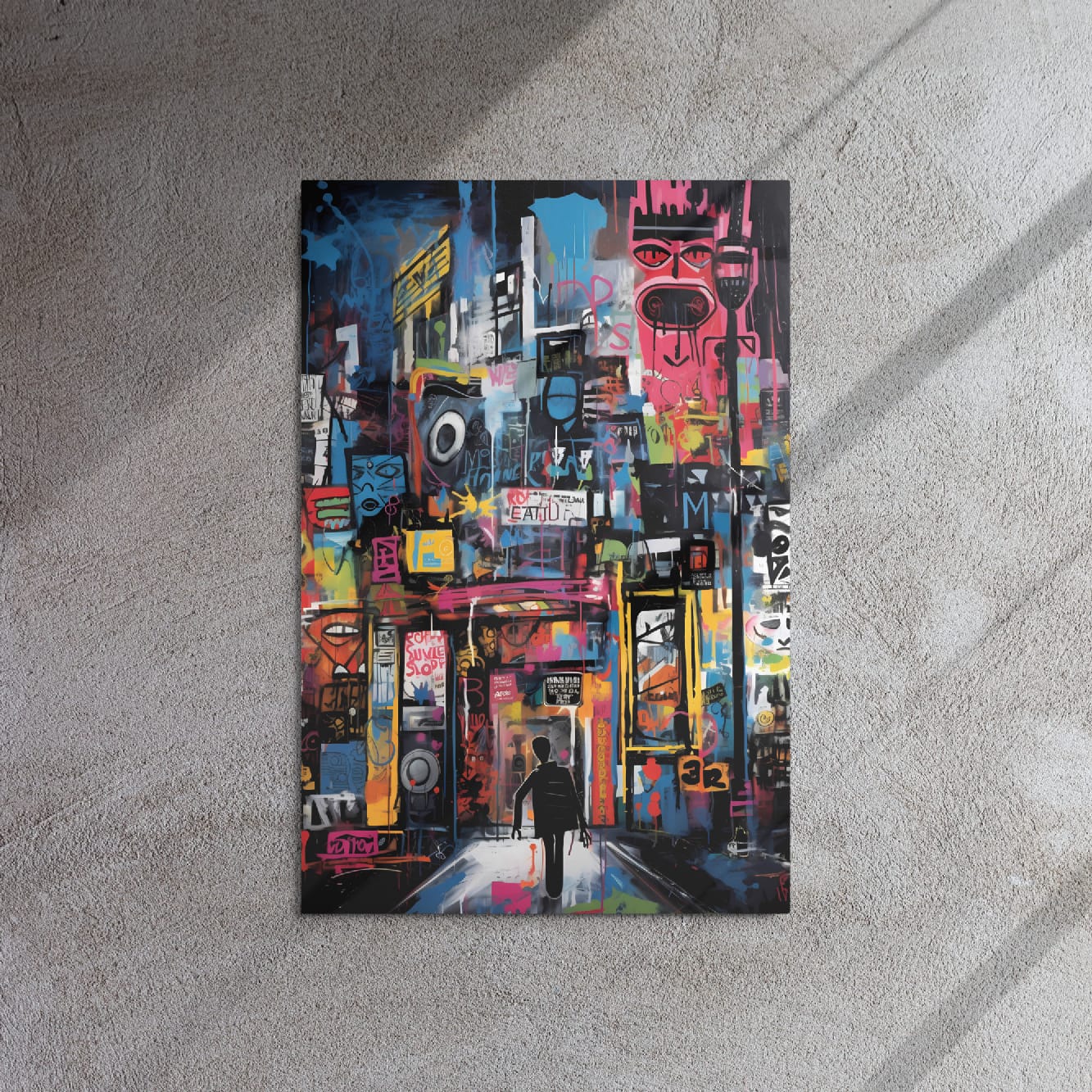 Abstract neon cityscape on aluminum poster 20x30 displayed on gray concrete surface with natural shadows