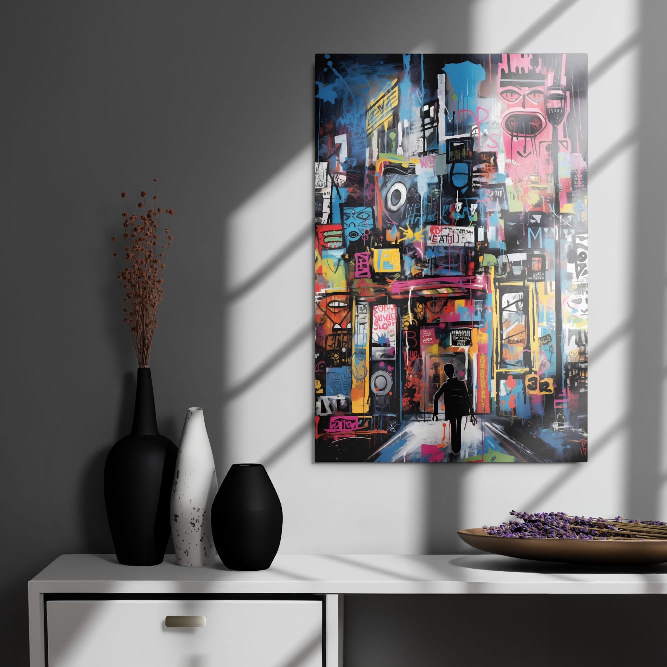 Contemporary metal wall art featuring abstract urban scene displayed in modern living room with decorative vases