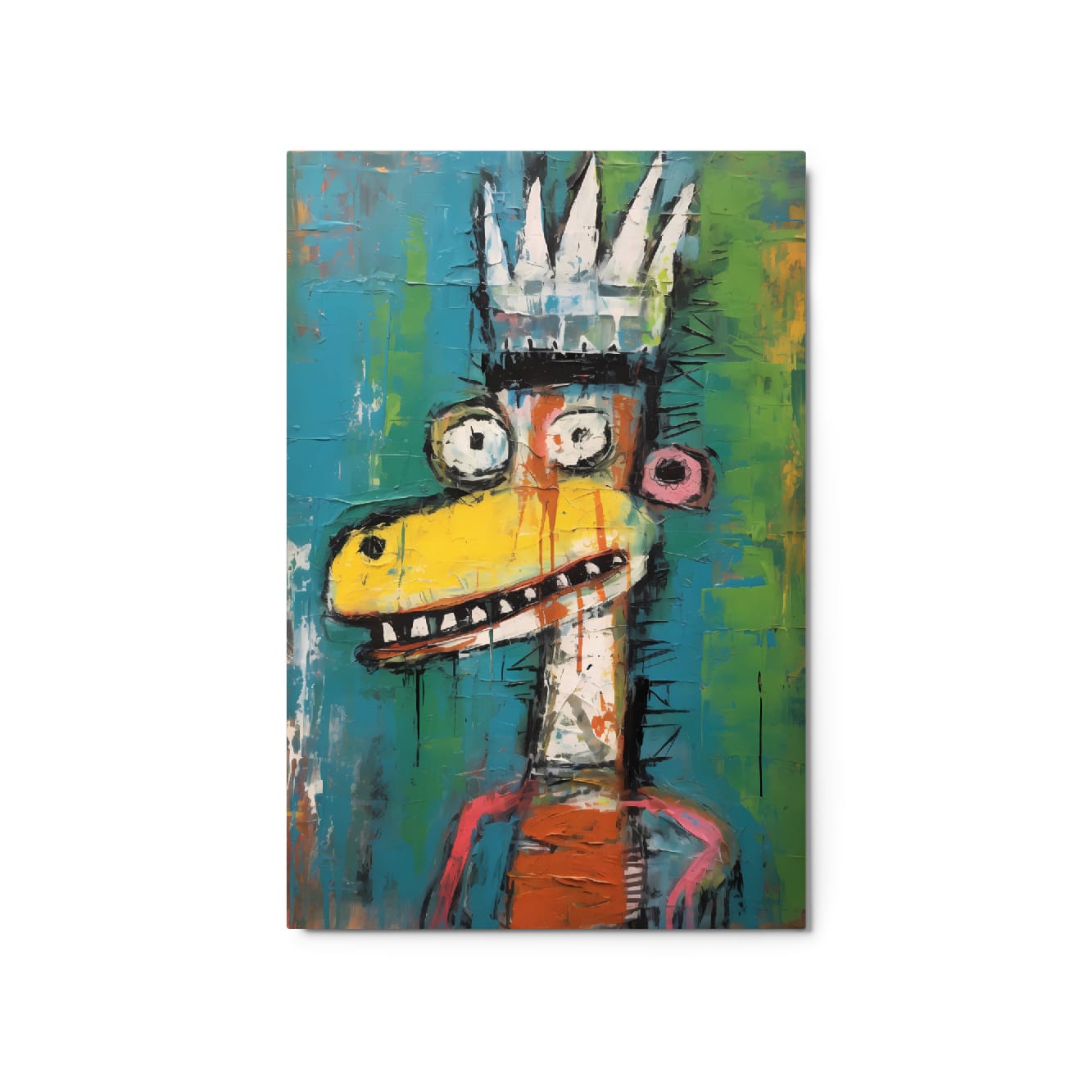 "Crowned Beast" glossy metal poster 20"x30" product photo on white background, modern graffiti crowned beast with sharp white crown, expressive eyes, yellow muzzle, and distressed teal/green brush textures, by GiveMeMood