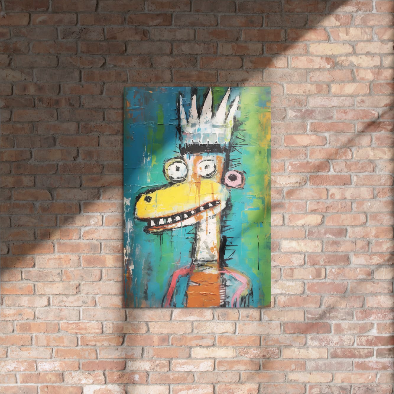 "Crowned Beast" glossy metal poster 20"x30" on rustic brick wall with sun shadows, street-art crowned giraffe portrait with spiky white crown, wide eyes, yellow snout, and teal-green textured paint-drip background, by GiveMeMood