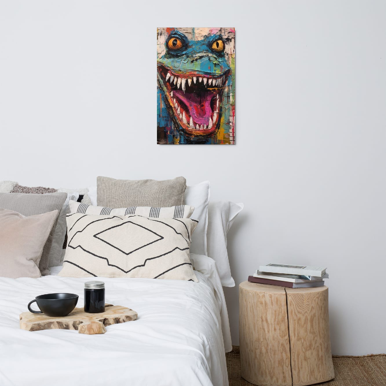 "Grinning Beast" glossy metal poster 20"x30" above bed in a modern bedroom, vibrant abstract lizard metal print with massive grin, pointed teeth, bright eyes, magenta tongue, and layered graffiti paint textures, by GiveMeMood