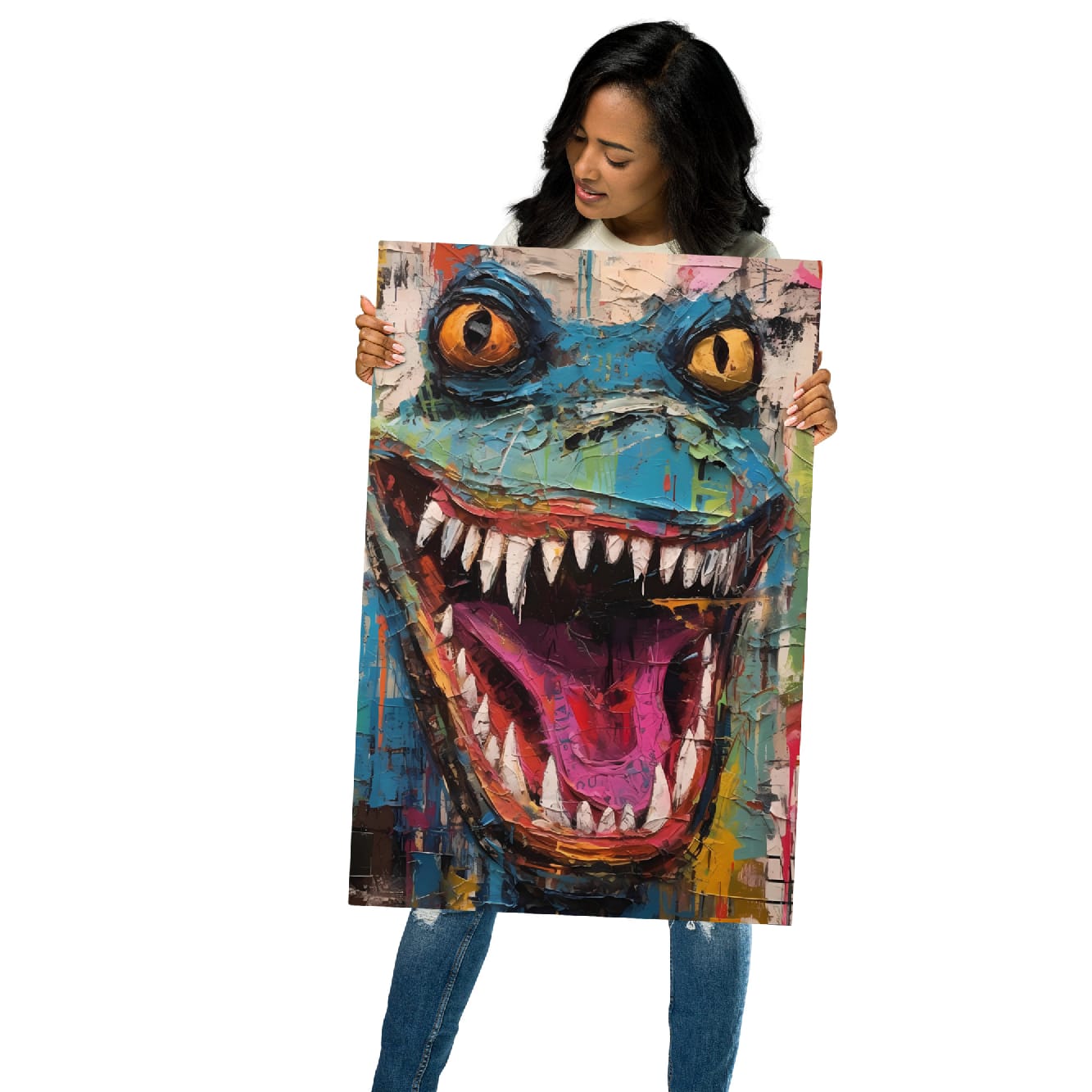 "Grinning Beast" glossy metal poster 20"x30" held by model, oversized graffiti-style lizard wall art with huge toothy grin, sharp white teeth, bright yellow eyes, teal-blue face, and magenta tongue, by GiveMeMood