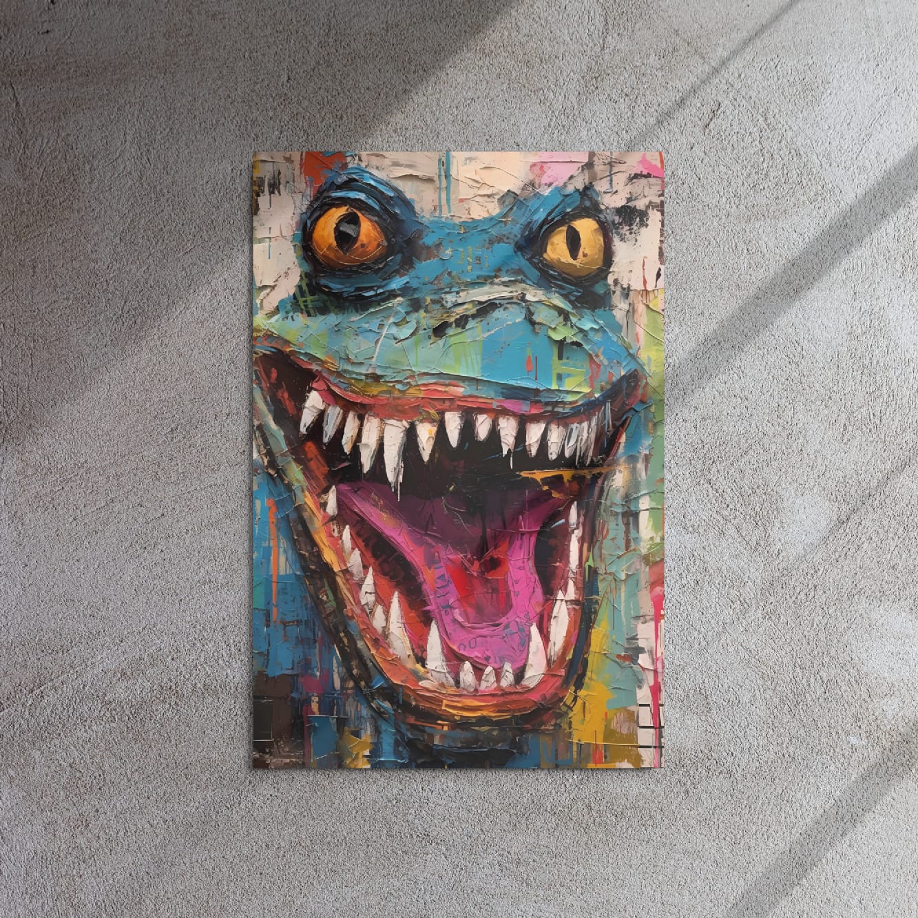 "Grinning Beast" glossy metal poster 20"x30" on textured concrete wall with diagonal window-light shadows, street-art lizard pop-art print with teal face, yellow eyes, razor teeth, magenta tongue, and mixed-color paint splashes, by GiveMeMood