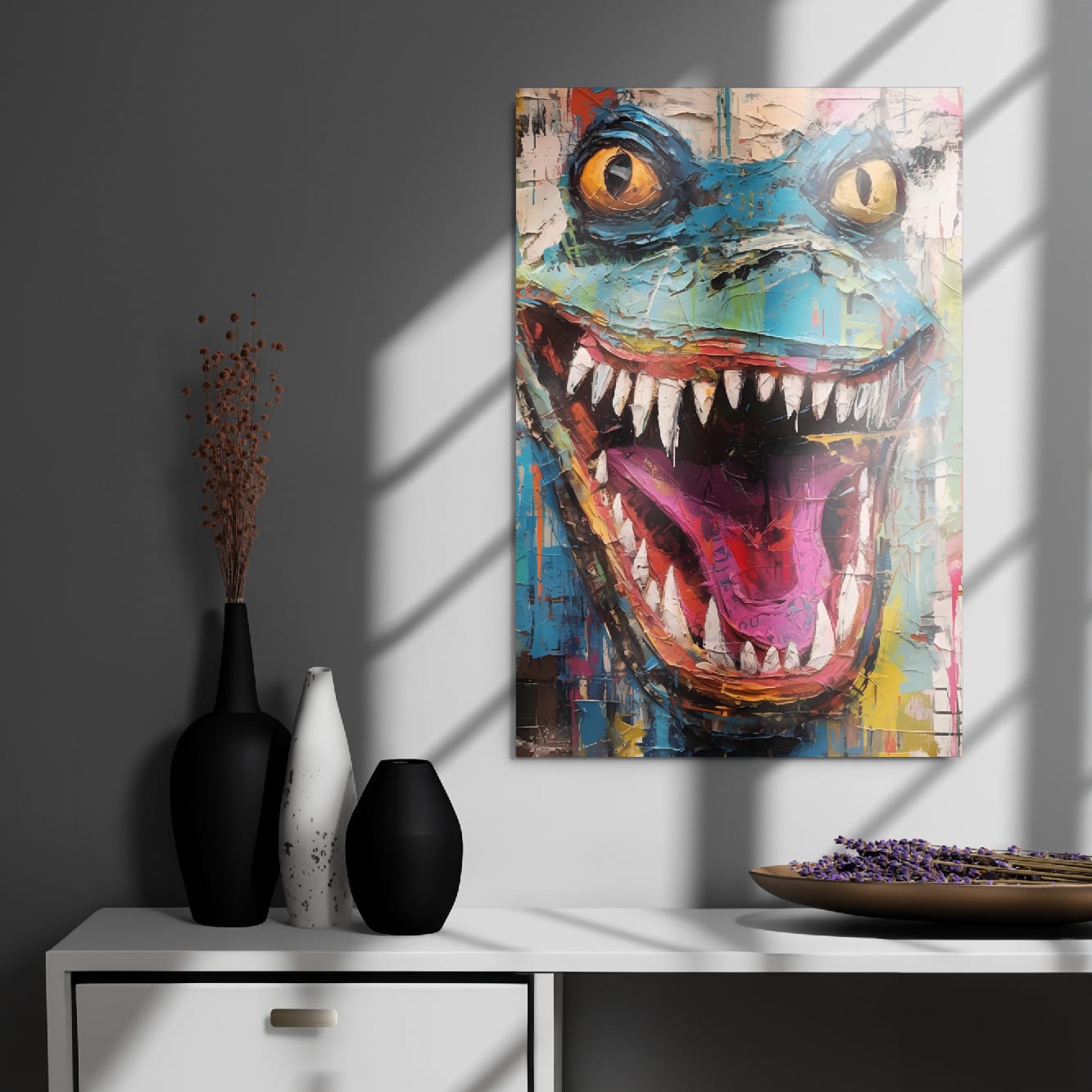 "Grinning Beast" glossy metal poster 20"x30" on modern gray wall above console decor with window-light shadows, graffiti-style lizard metal wall print with toothy grin, teal-blue face, yellow eyes, and magenta tongue, by GiveMeMood