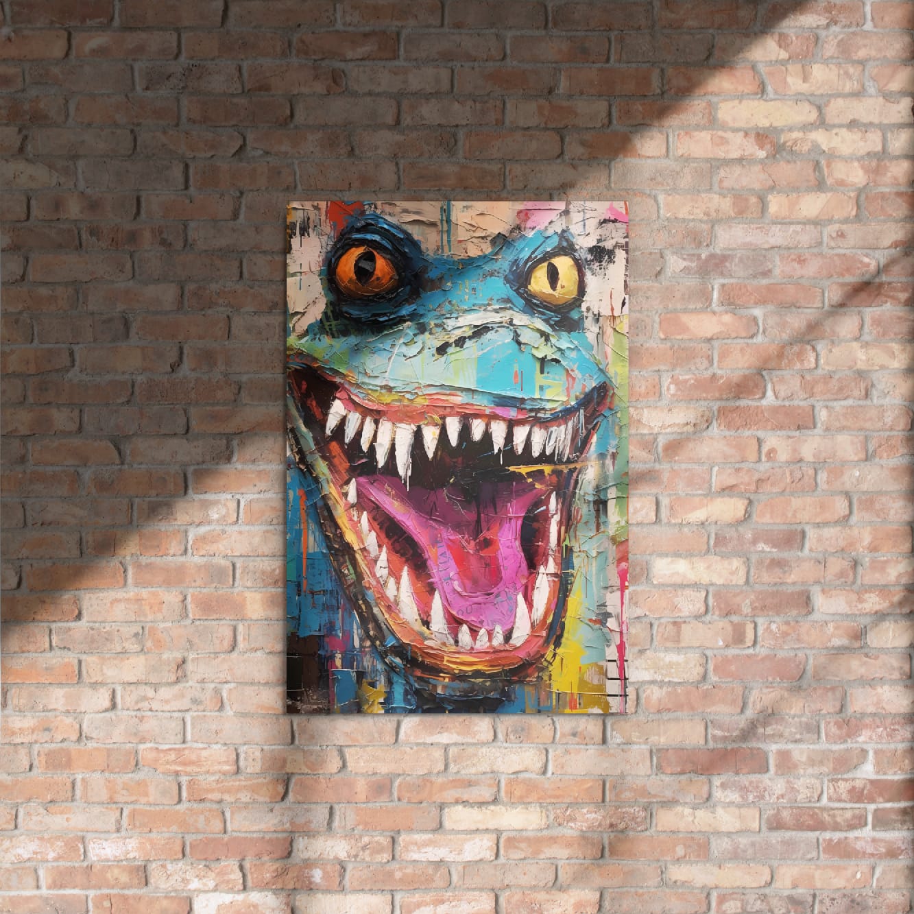 "Grinning Beast" glossy metal poster 20"x30" on rustic brick wall with sun shadows, bold grinning lizard metal wall art with bulging yellow eyes, sharp teeth, teal-blue face, and textured paint-splatter background, by GiveMeMood