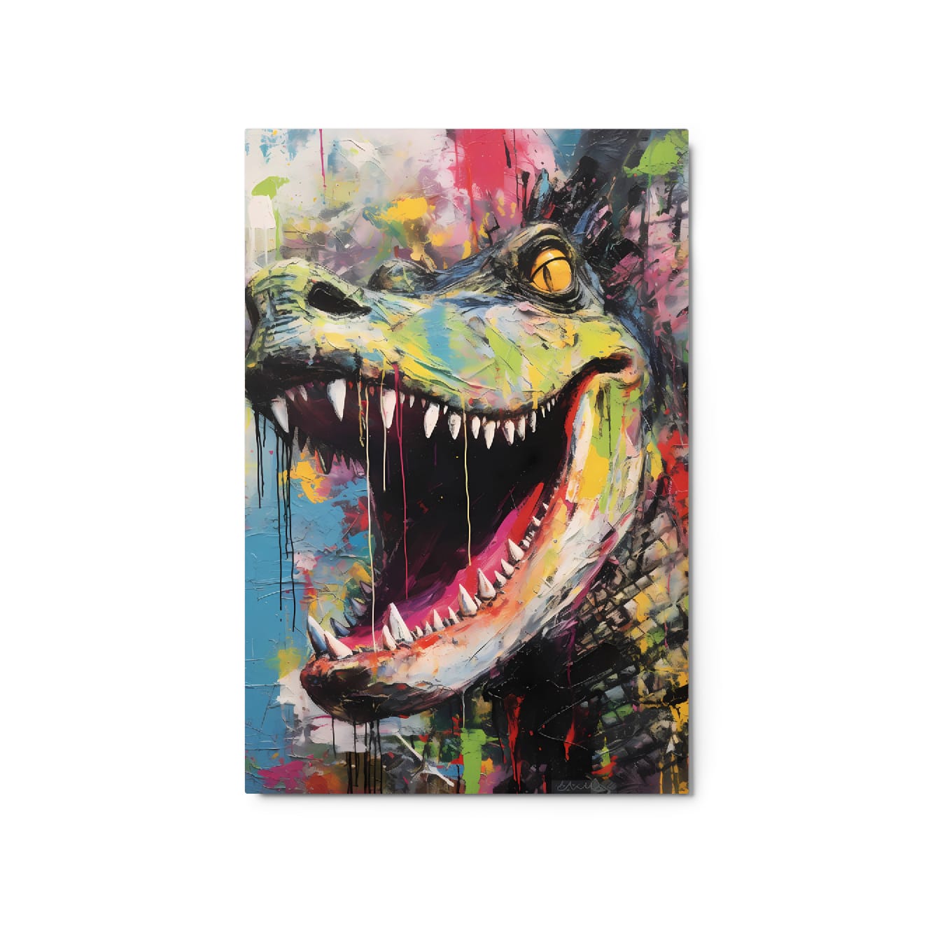 "Primal Roar" glossy metal poster 20"x30" product photo on white background, close-up abstract dinosaur artwork with wide open mouth, jagged white teeth, neon green-yellow face, amber eye, and colorful paint-splatter graffiti textures, by GiveMeMood