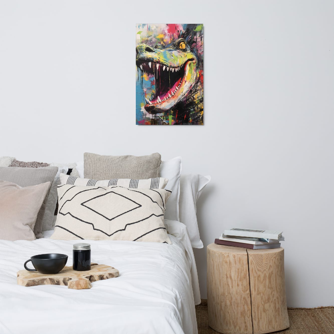 "Primal Roar" glossy metal poster 20"x30" above bed in a modern bedroom, abstract dinosaur head metal wall art with fierce open-mouth roar, razor teeth, neon green-yellow highlights, and bright paint-splatter graffiti textures, by GiveMeMood
