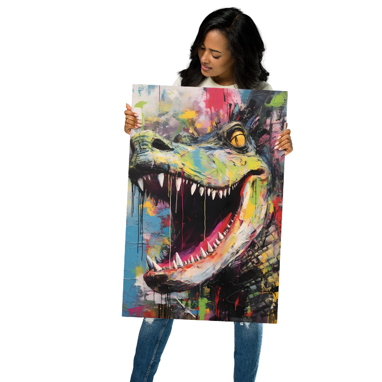 "Primal Roar" glossy metal poster 20"x30" held by model, oversized abstract dinosaur wall art with wide open jaws, sharp white teeth, neon green-yellow snout, amber eye, magenta mouth, and colorful paint-splatter graffiti background, by GiveMeMood