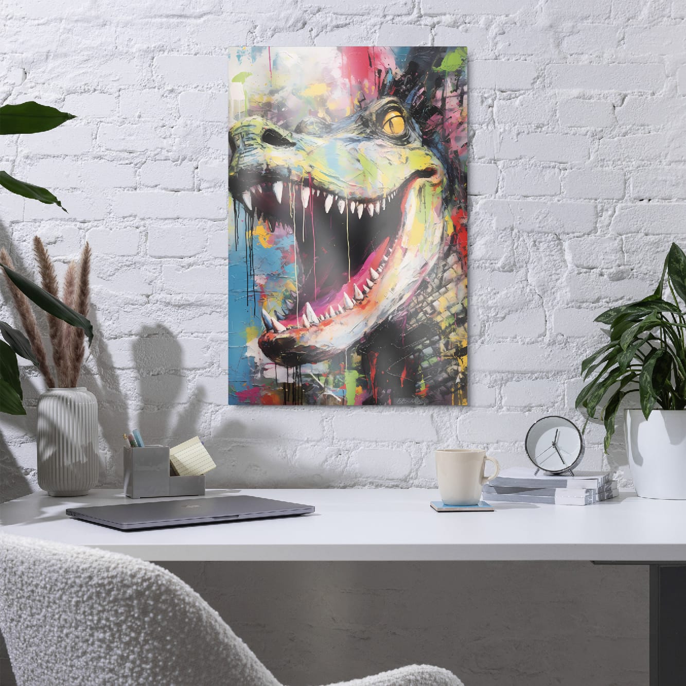 "Primal Roar" glossy metal poster 20"x30" in a home office above desk on white brick wall, vibrant street-art dinosaur wall decor with roaring mouth, pointed teeth, neon green snout, amber eye, and layered paint-drip splatters, by GiveMeMood