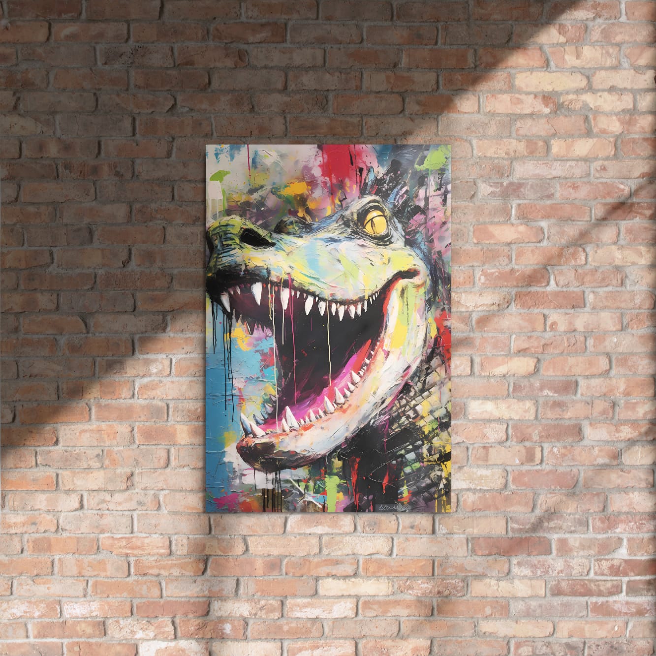 "Primal Roar" glossy metal poster 20"x30" on rustic brick wall with sun shadows, bold roaring dinosaur pop-art print with open mouth, jagged teeth, yellow eye, neon green face, dripping paint details, and vibrant multicolor splashes, by GiveMeMood