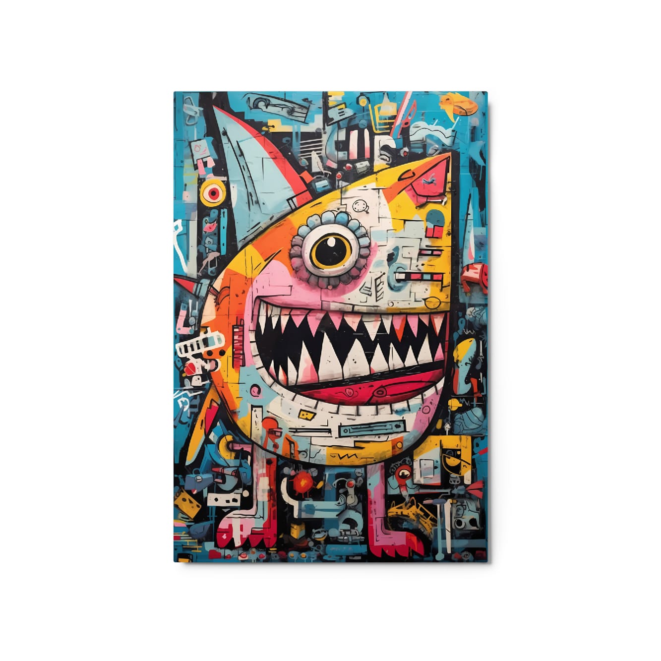 "Urban Chomp" glossy metal poster 20"x30" product photo on white background, close-up pop-art monster portrait with single eye, wide toothy grin, sharp teeth, and colorful street-art collage blocks, by GiveMeMood