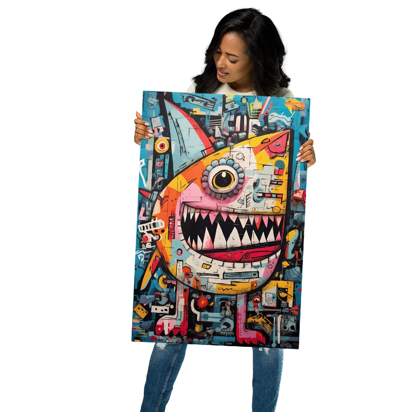 "Urban Chomp" glossy metal poster 20"x30" held by model, oversized graffiti monster metal print with one big eye, sharp teeth grin, and bright teal-and-orange pop-art collage design, by GiveMeMood