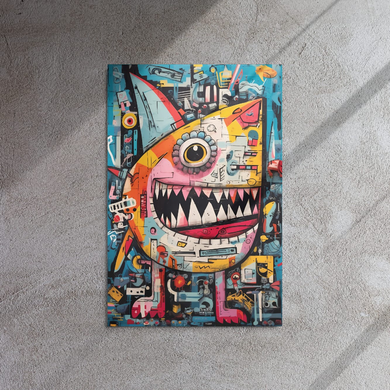 "Urban Chomp" glossy metal poster 20"x30" on textured concrete wall with diagonal window-light shadows, graffiti-style monster print with cyclops eye, toothy grin, and colorful layered collage details, by GiveMeMood