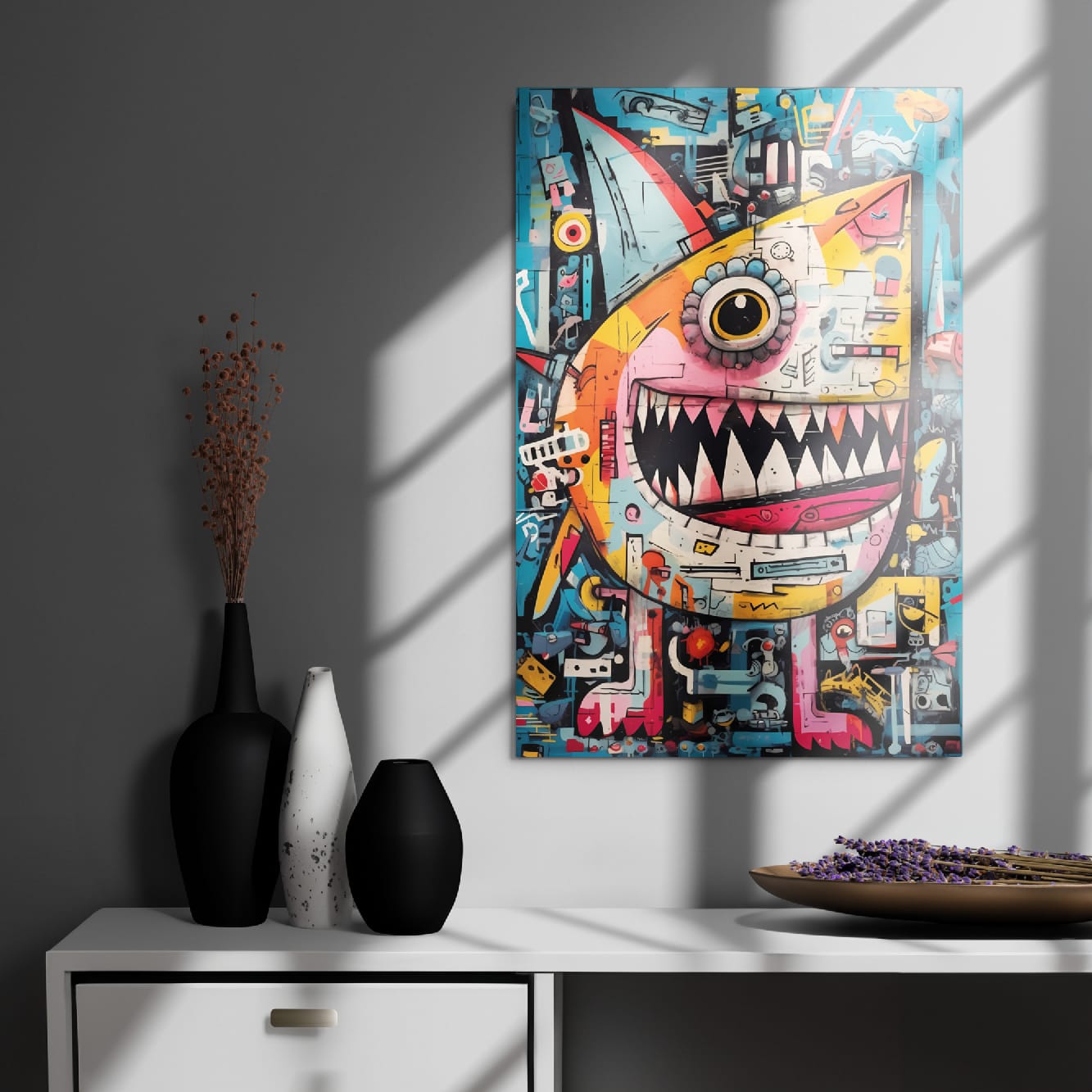 "Urban Chomp" glossy metal poster 20"x30" on modern gray wall above console decor with window-light shadows, contemporary graffiti monster wall art featuring a single eye, razor teeth, and vibrant pop-art background, by GiveMeMood