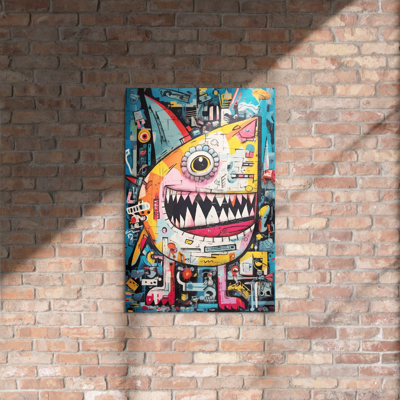 "Urban Chomp" glossy metal poster 20"x30" on rustic brick wall with sun shadows, vibrant graffiti monster wall art with a cyclops eye, jagged black-and-white teeth, orange-and-pink face, and teal collage background, by GiveMeMood