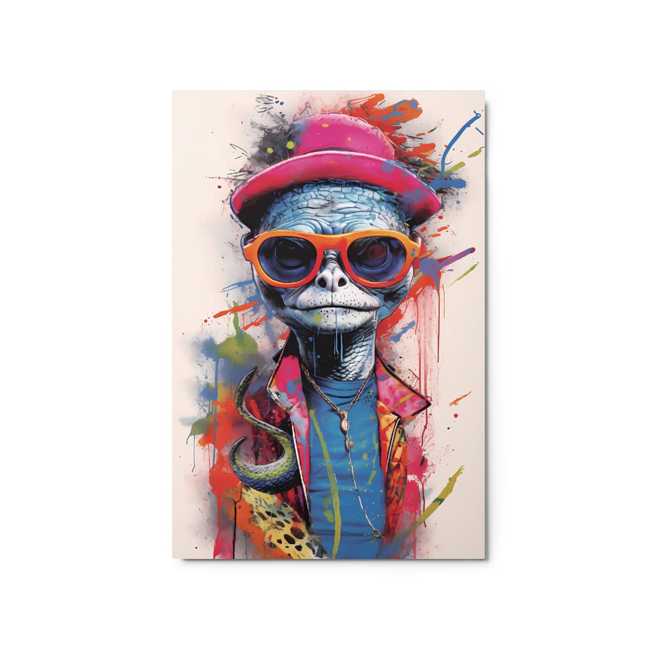 "Reptile Swagger" glossy metal poster 20"x30" product photo on white background, close-up pop-art turtle portrait with blue textured skin, pink hat, orange sunglasses, vibrant jacket, and dripping graffiti paint splashes, by GiveMeMood