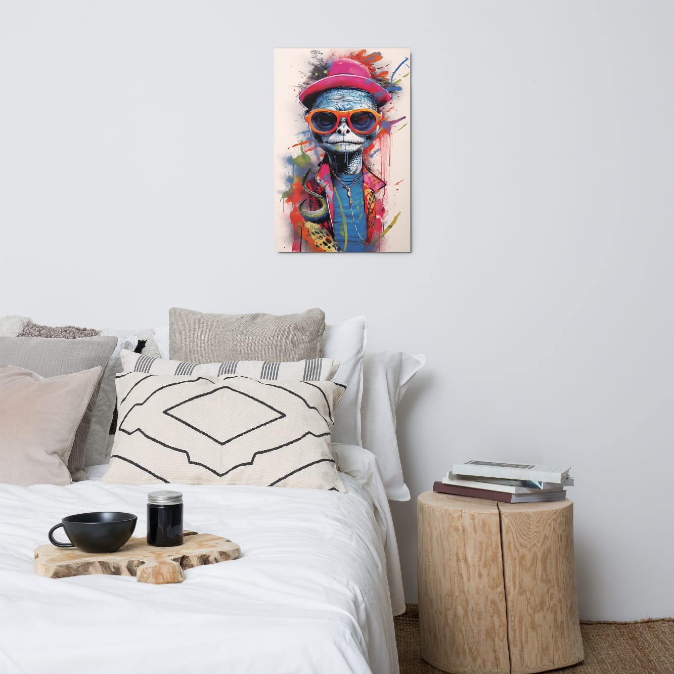 "Reptile Swagger" glossy metal poster 20"x30" above bed in a modern bedroom, vibrant graffiti turtle wall art with blue scaled portrait, pink hat, orange sunglasses, and bright paint-splash details, by GiveMeMood