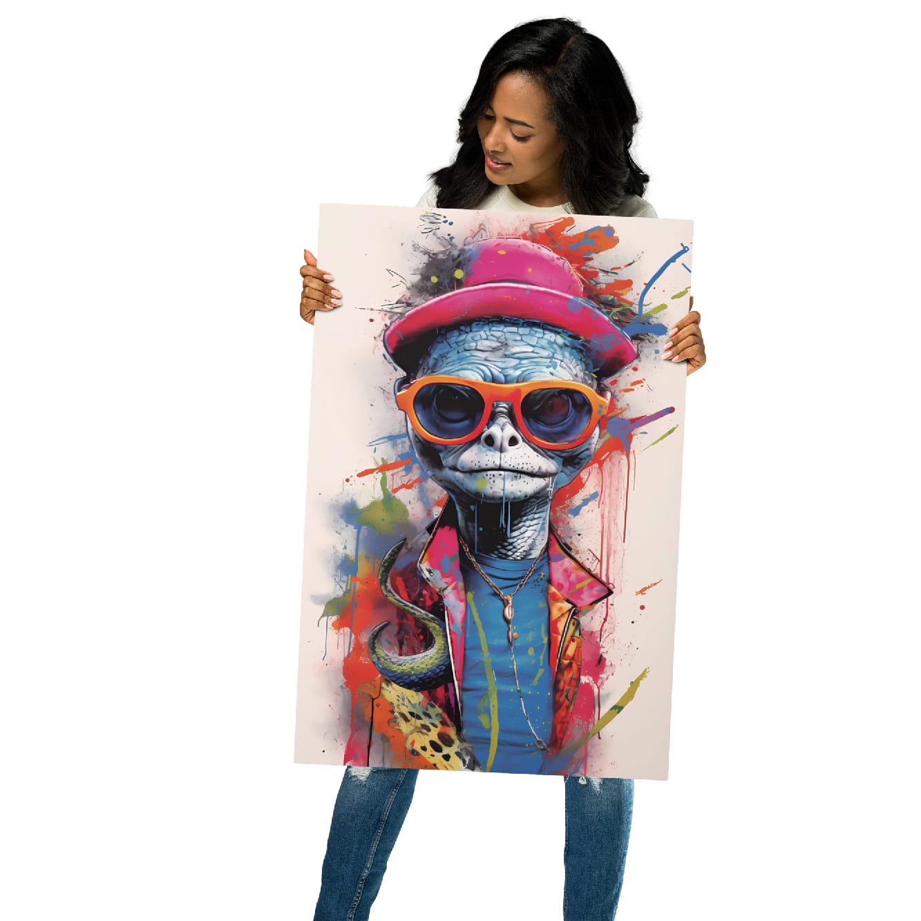 "Reptile Swagger" glossy metal poster 20"x30" held by model, oversized street-art turtle metal print with pink hat, orange sunglasses, blue reptile face, and bold colorful splatter-paint accents, by GiveMeMood