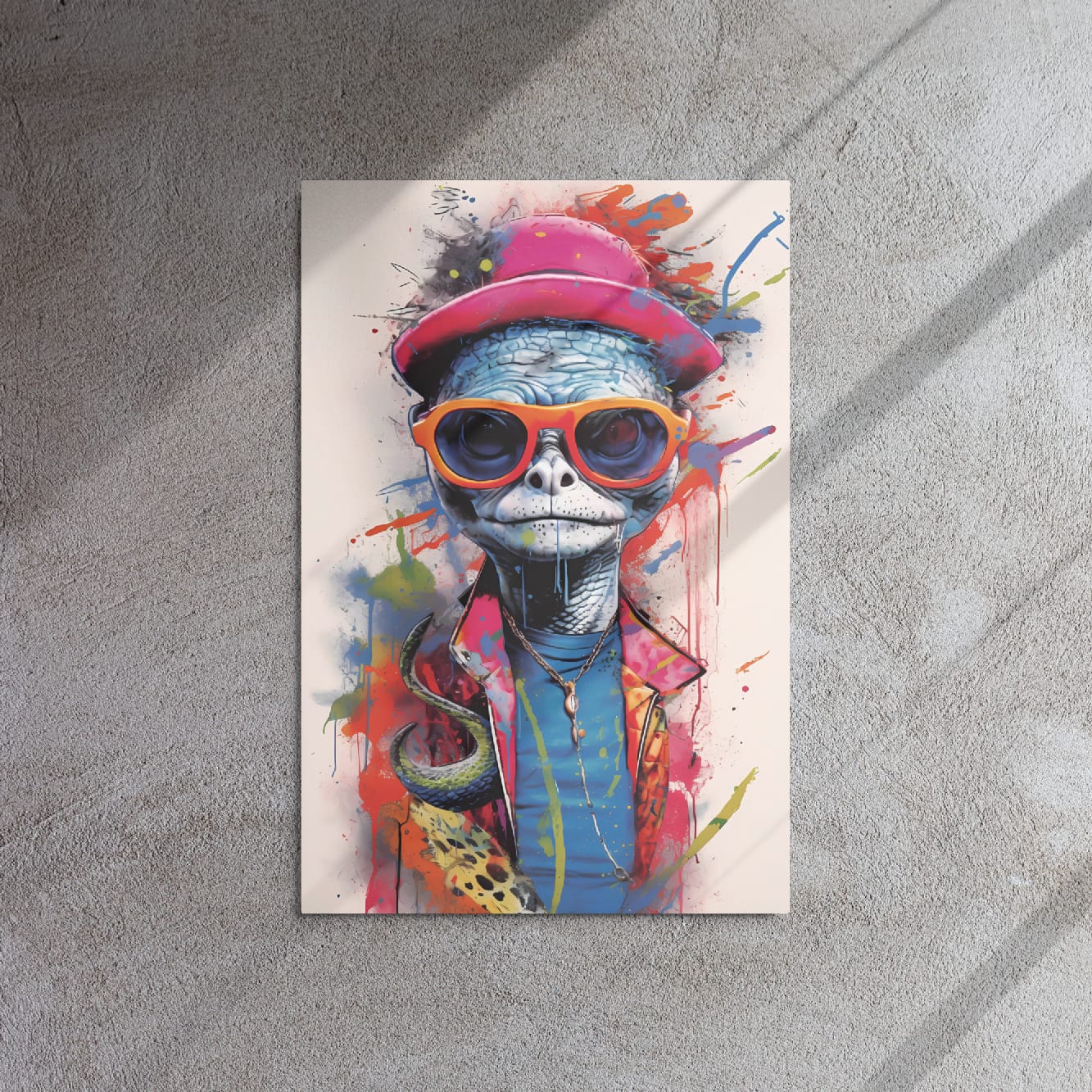 "Reptile Swagger" glossy metal poster 20"x30" on textured concrete wall with diagonal window-light shadows, pop-art turtle print with blue scaled face, orange sunglasses, pink hat, and vivid graffiti paint splatters, by GiveMeMood