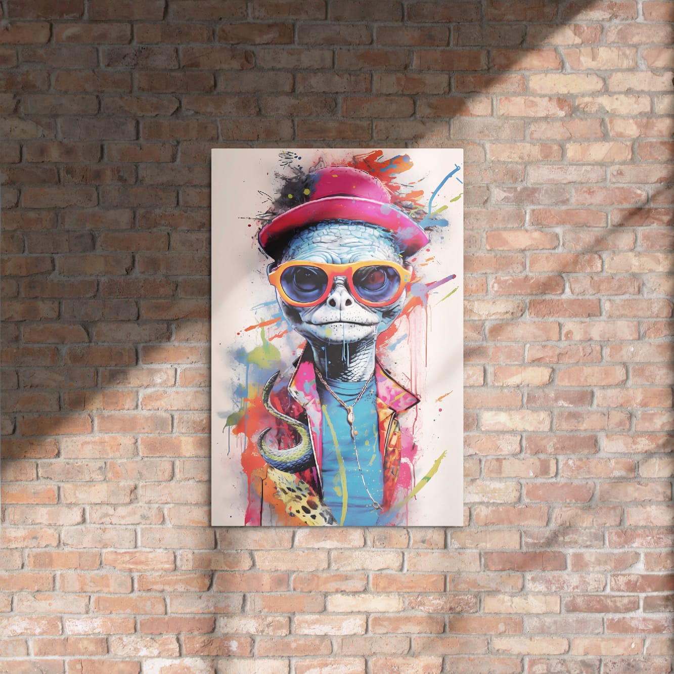 "Reptile Swagger" glossy metal poster 20"x30" on rustic brick wall with sun shadows, street-art turtle wall decor featuring a blue scaled reptile face, pink hat, orange sunglasses, and colorful paint-splatter background, by GiveMeMood