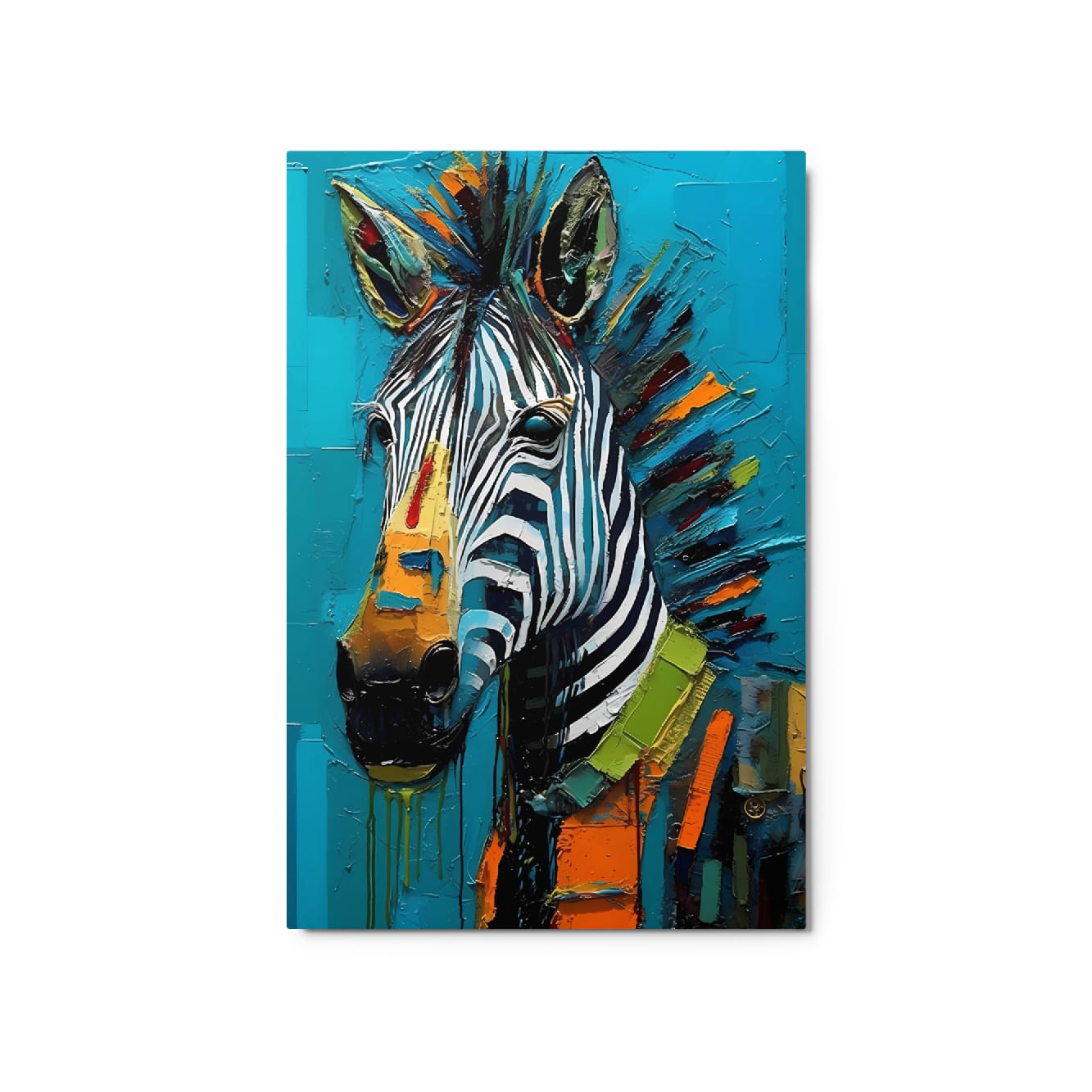 "Striped Vibrance" glossy metal poster 20"x30" product photo on white background, close-up abstract zebra head with sharp stripes, turquoise backdrop, and multicolor impasto paint textures, by GiveMeMood