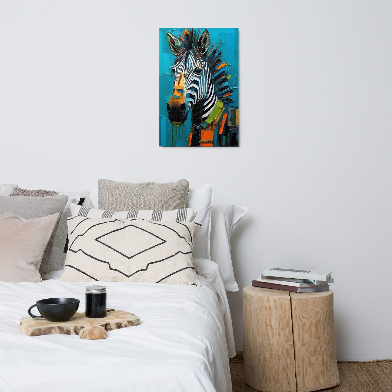 "Striped Vibrance" glossy metal poster 20"x30" above bed in a modern bedroom, vibrant abstract zebra wall art with teal background, orange muzzle accents, and paint-drip details, by GiveMeMood