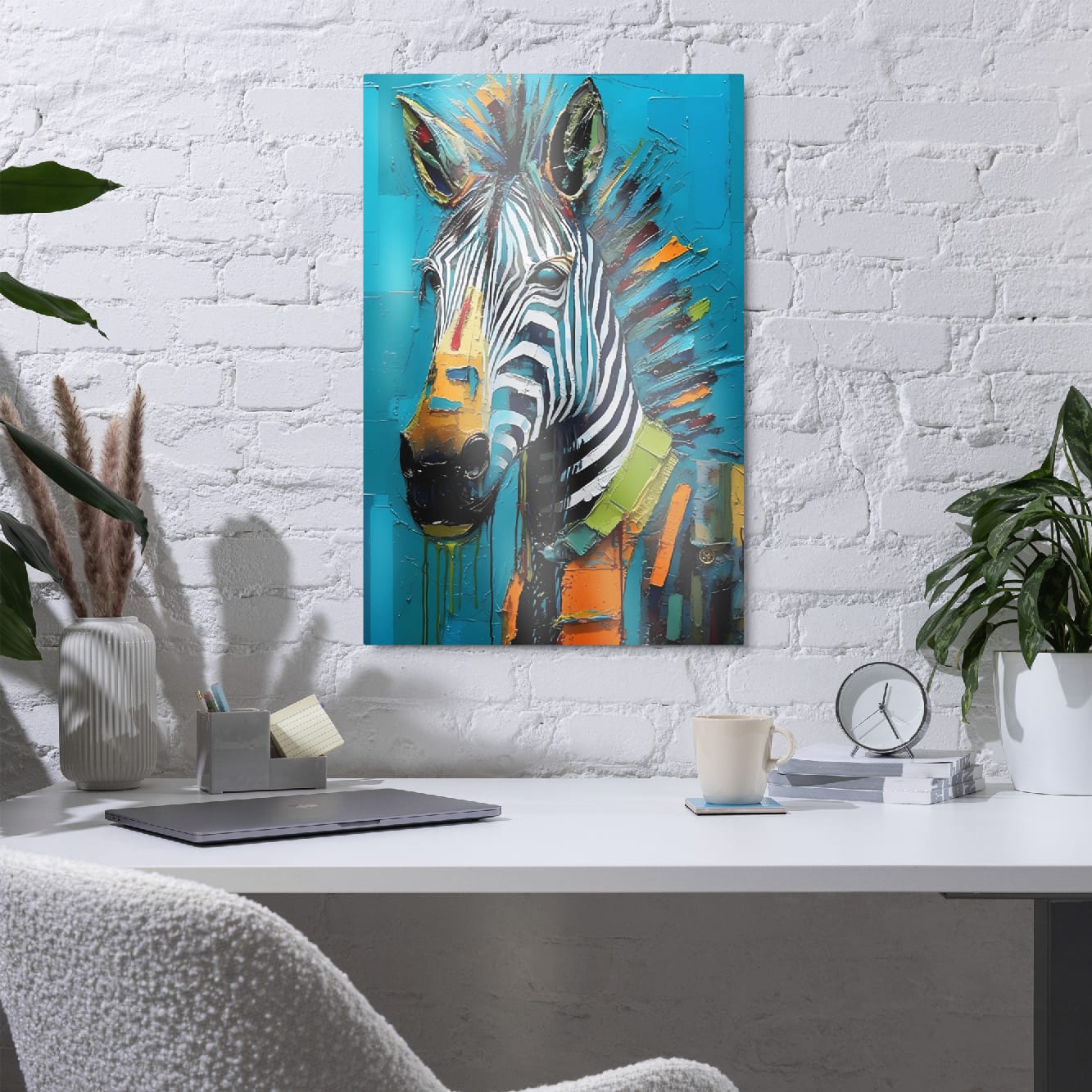 "Striped Vibrance" glossy metal poster 20"x30" in a home office above desk on white brick wall, modern abstract zebra metal print with teal background, dripping paint, and vivid mixed-color texture, by GiveMeMood