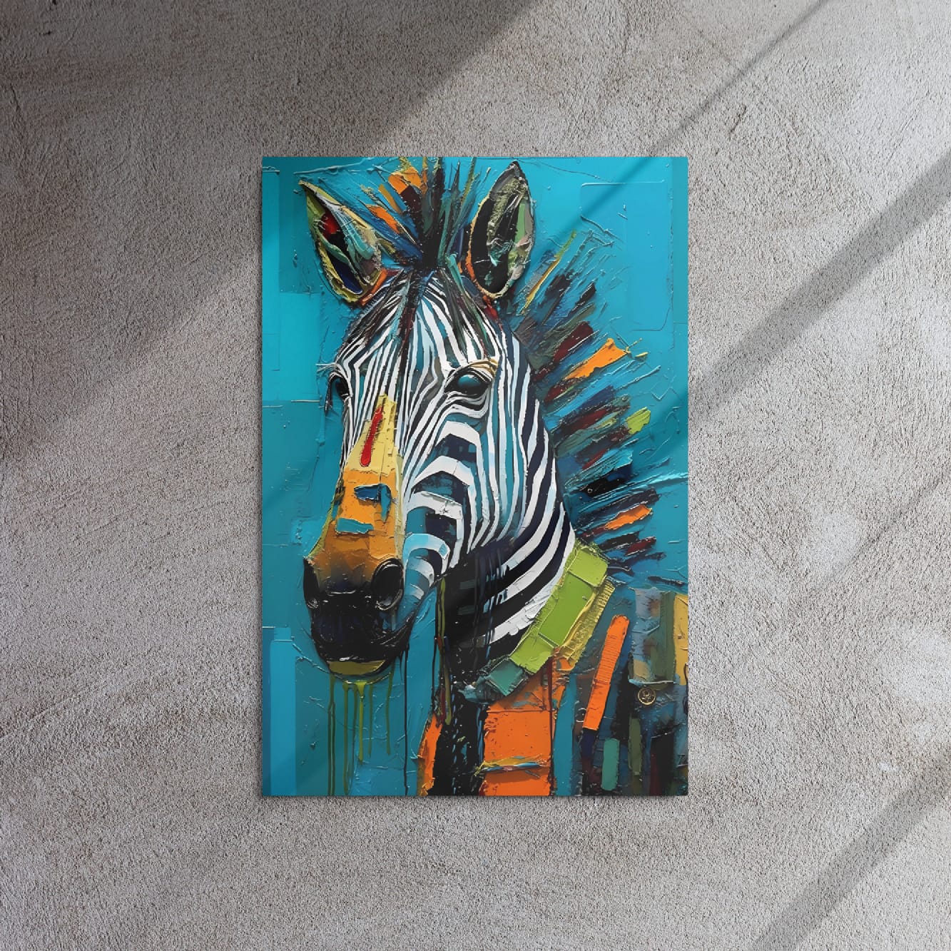 "Striped Vibrance" glossy metal poster 20"x30" on textured concrete wall with diagonal window-light shadows, abstract zebra portrait with bold black-and-white stripes, turquoise background, and colorful textured brush-stroke mane, by GiveMeMood