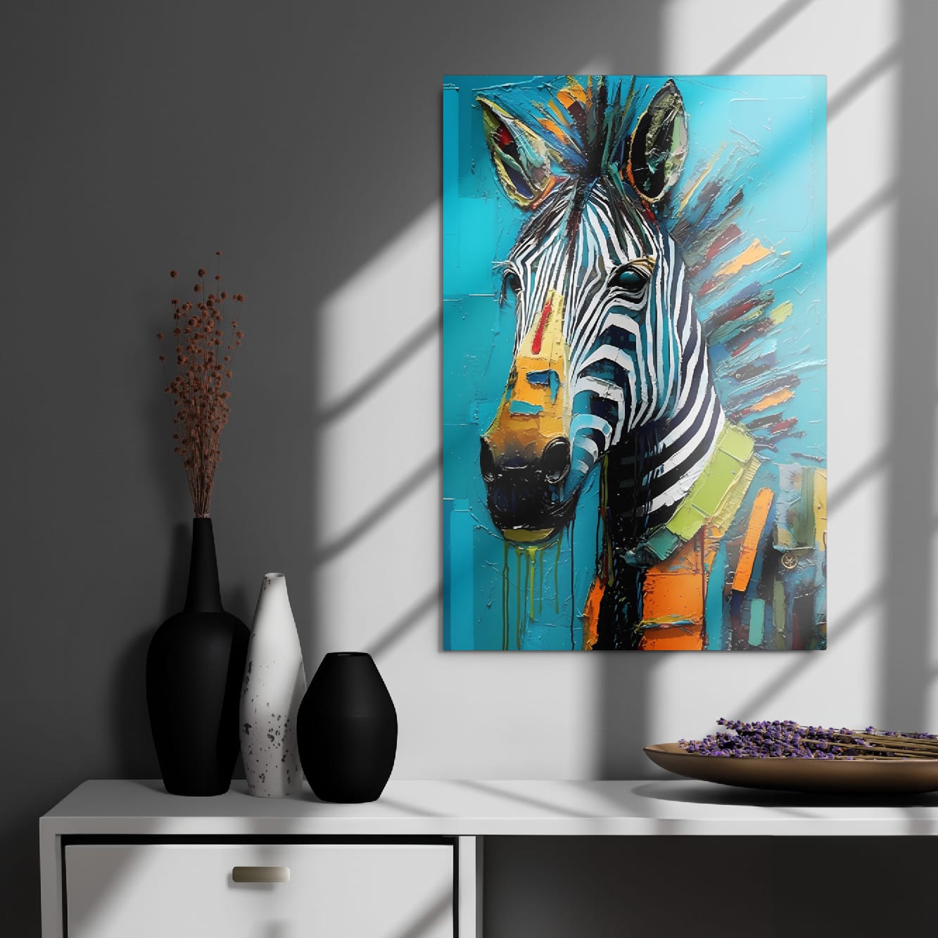 "Striped Vibrance" glossy metal poster 20"x30" on modern gray wall above console decor with window-light shadows, pop-art zebra portrait with teal background and bright orange/green accents, by GiveMeMood