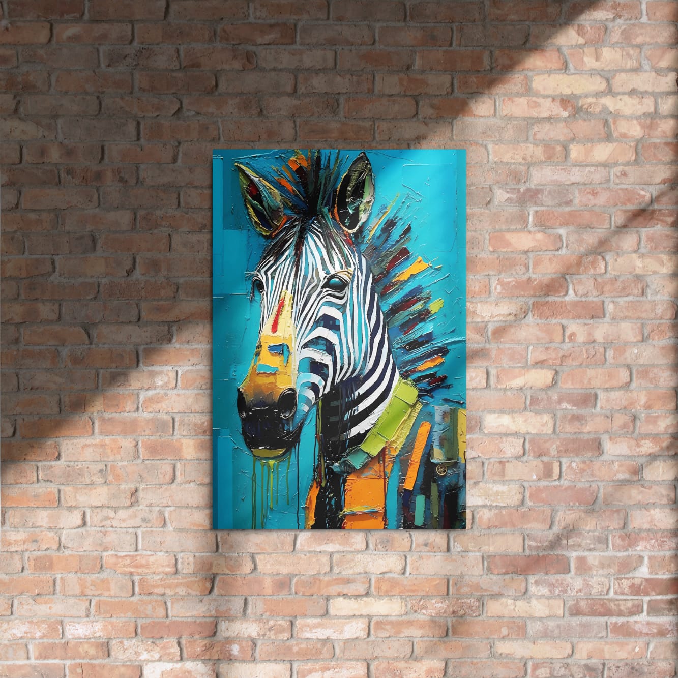 "Striped Vibrance" glossy metal poster 20"x30" on rustic brick wall with sun shadows, contemporary zebra wall decor featuring black-and-white stripes, turquoise field, and colorful brushstroke bursts, by GiveMeMood