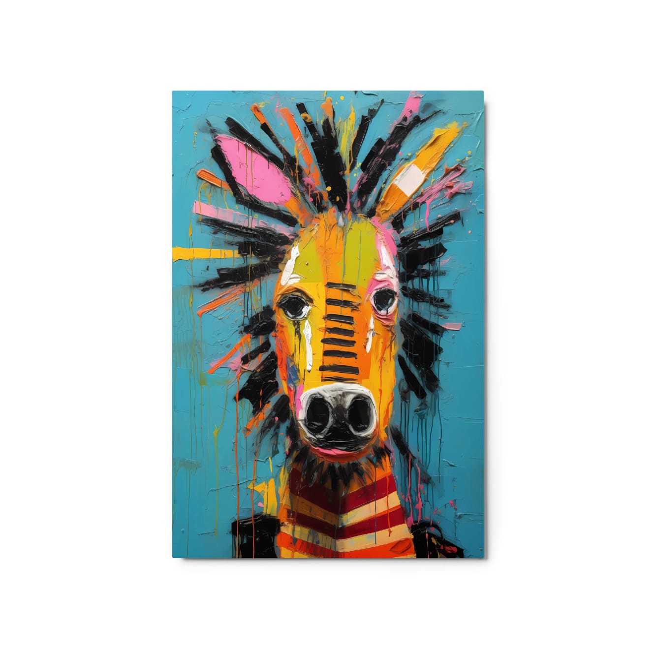 "Striped Wonder" glossy metal poster 20"x30" product photo on white background, close-up zebra portrait with textured impasto paint, turquoise field, and vivid yellow/orange accents, by GiveMeMood