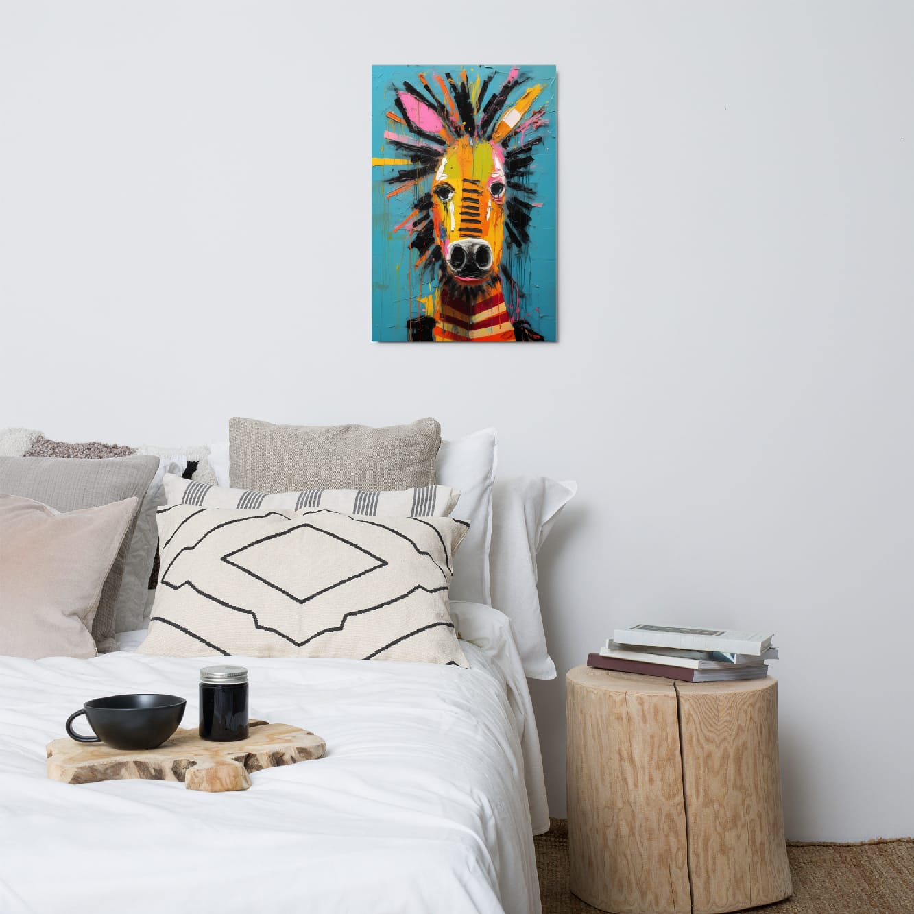 "Striped Wonder" glossy metal poster 20"x30" above bed in a modern bedroom, colorful zebra wall art with teal backdrop, bold black brush-stroke mane, and expressive paint splashes, by GiveMeMood