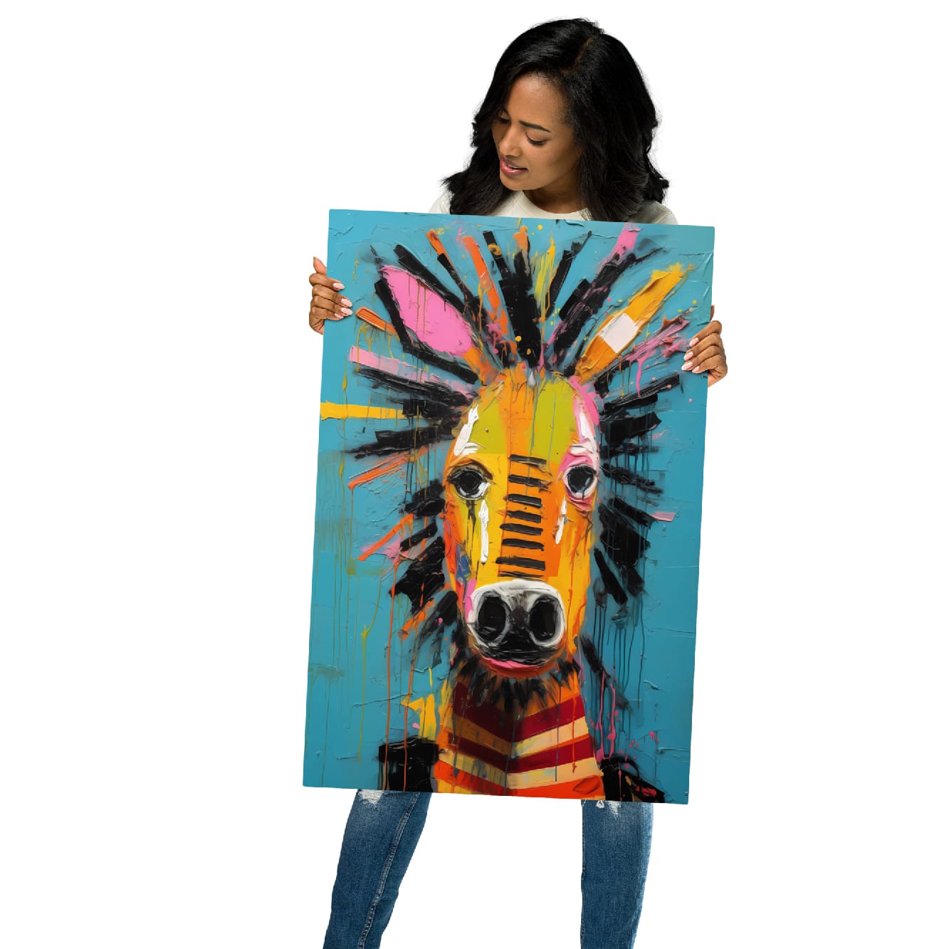 "Striped Wonder" glossy metal poster 20"x30" held by model, oversized zebra metal wall art with turquoise background, bright yellow/orange portrait highlights, and expressive paint-splatter texture, by GiveMeMood