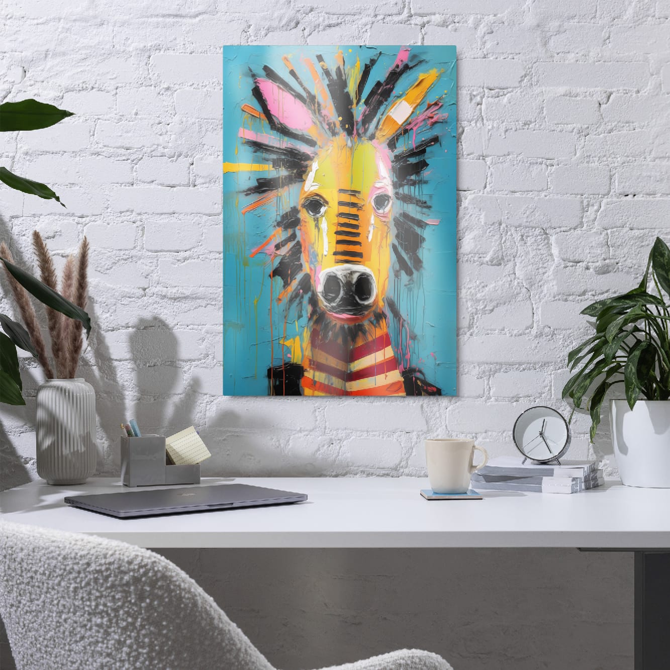 "Striped Wonder" glossy metal poster 20"x30" in a home office above desk on white brick wall, modern zebra aluminum wall art with bold brush strokes, teal background, and dripping paint accents, by GiveMeMood