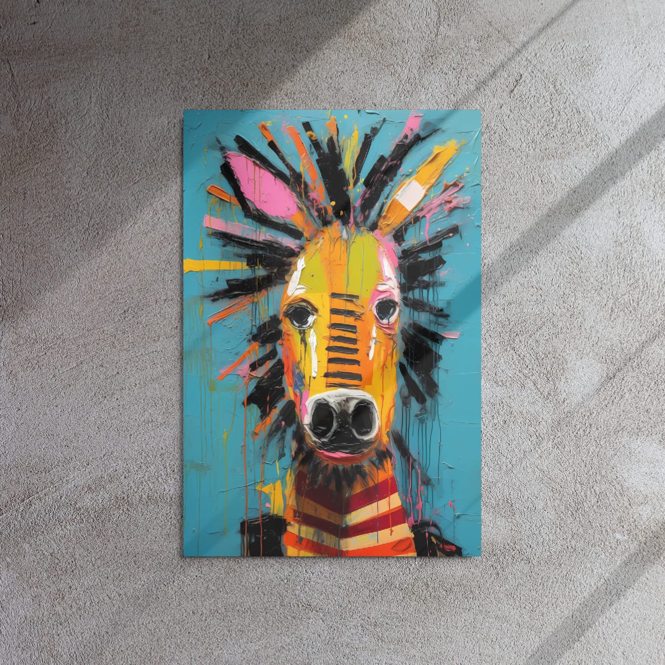 "Striped Wonder" glossy metal poster 20"x30" on textured concrete wall with diagonal window-light shadows, vibrant pop-art zebra portrait with yellow/orange face, turquoise background, and paint-drip details, by GiveMeMood