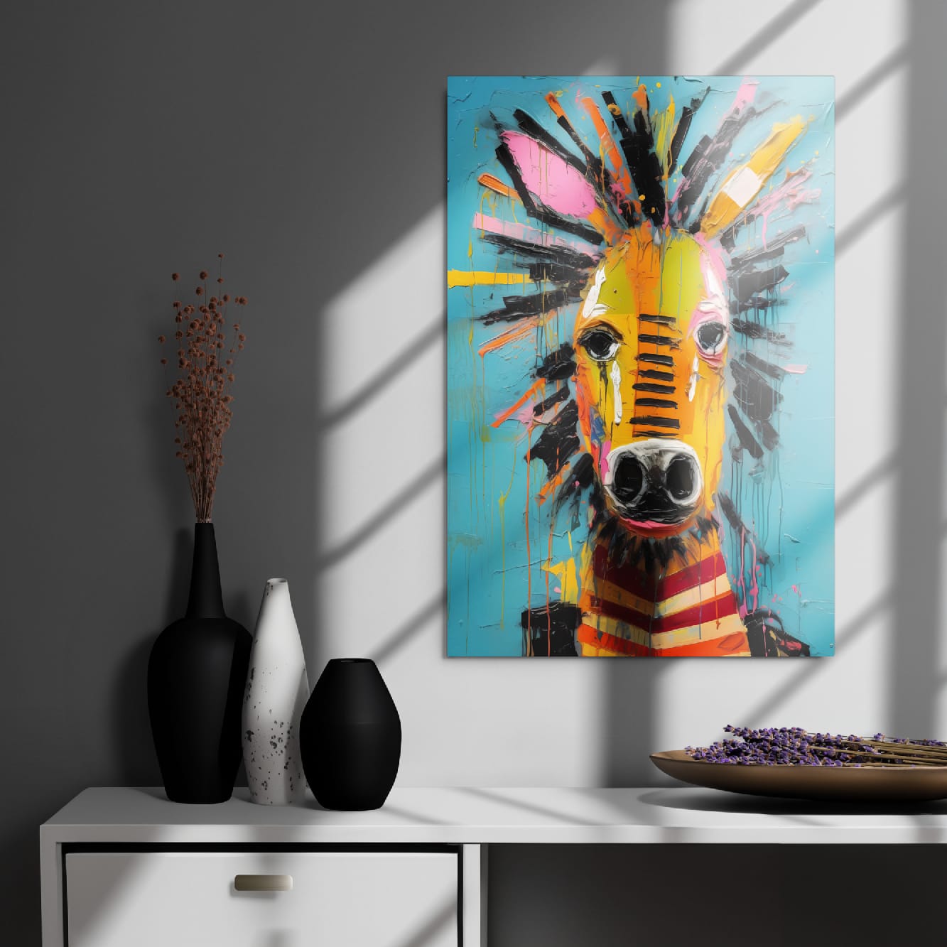 "Striped Wonder" glossy metal poster 20"x30" on modern gray wall above console decor with window-light shadows, contemporary zebra metal wall art with turquoise background and dynamic paint-drip texture, by GiveMeMood