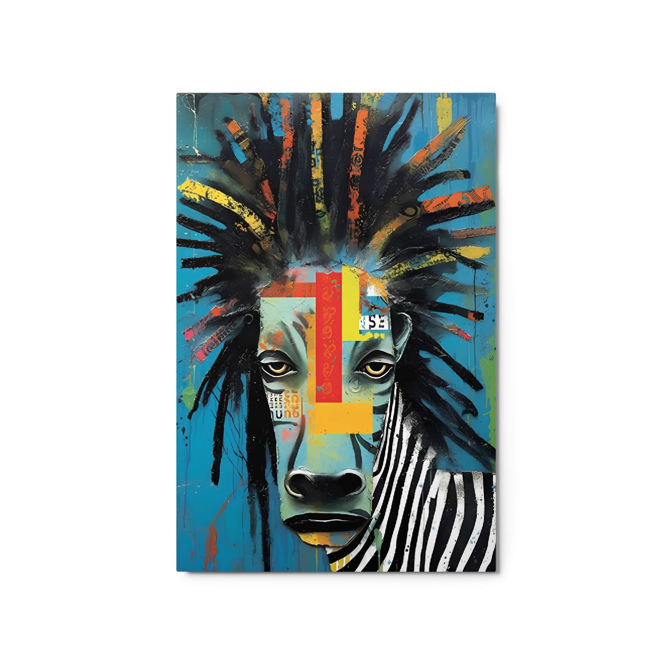 "Rebel Stripes" glossy metal poster 20"x30" product photo on white background, close-up zebra face with colorful collage blocks, textured dreadlock brush-stroke mane, teal backdrop, and paint-drip details, by GiveMeMood