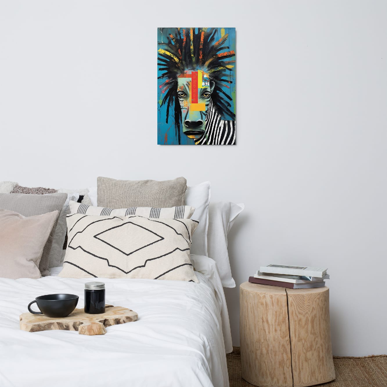 "Rebel Stripes" glossy metal poster 20"x30" above bed in a modern bedroom, vibrant zebra wall art with teal background, abstract dreadlock mane, bright geometric color-block mask, and black-and-white striped shoulder, by GiveMeMood