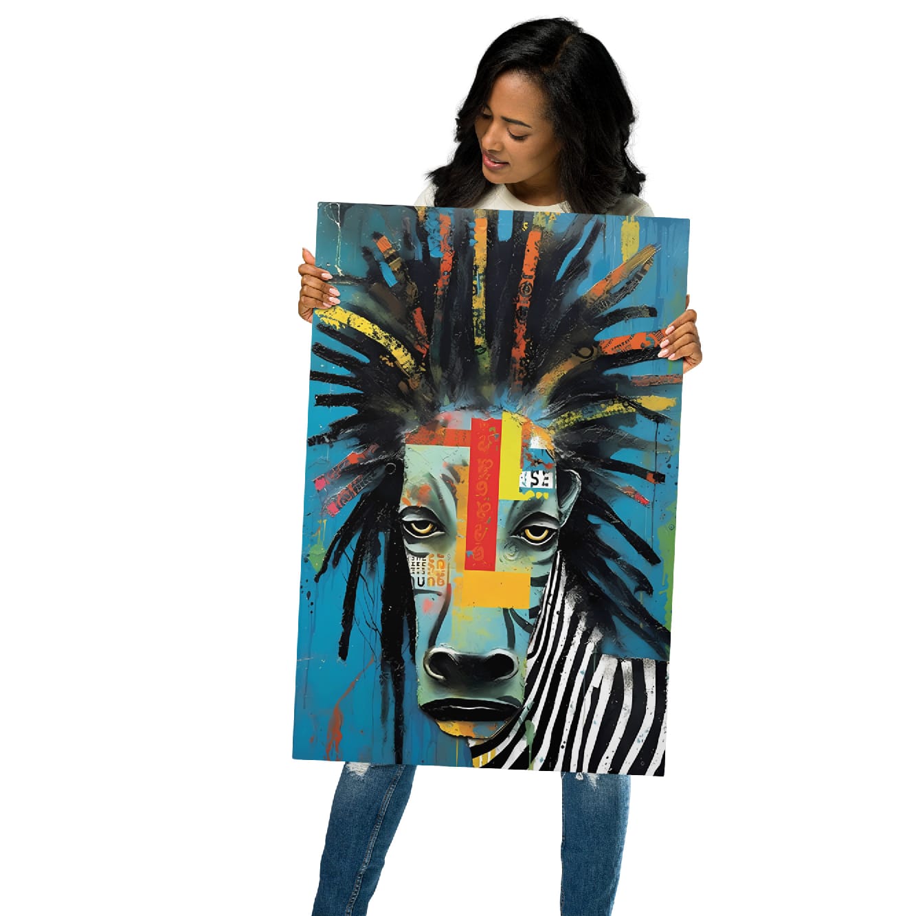 "Rebel Stripes" glossy metal poster 20"x30" held by model, oversized zebra metal wall art with teal background, expressive eyes, dreadlock brush mane, red/yellow collage mask, and bold black-and-white striping, by GiveMeMood