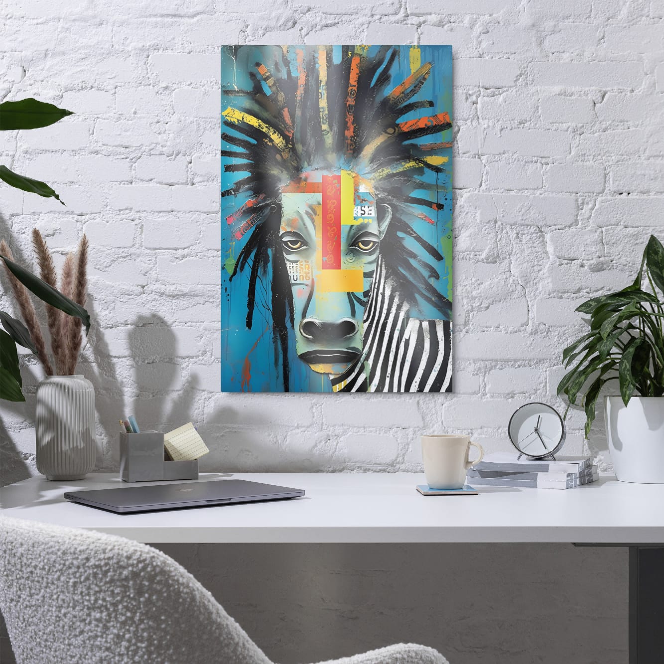 "Rebel Stripes" glossy metal poster 20"x30" in a home office above desk on white brick wall, modern zebra metal print with teal background, graffiti textures, dreadlock mane, and geometric color-block face accents, by GiveMeMood