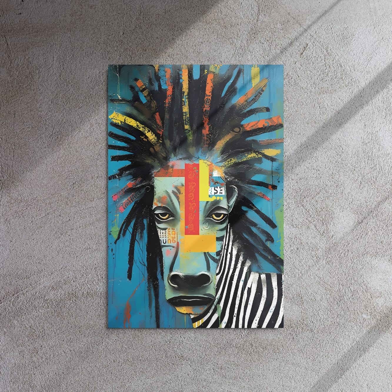 "Rebel Stripes" glossy metal poster 20"x30" on textured concrete wall with diagonal window-light shadows, edgy zebra aluminum wall art with teal field, black dreadlock mane, red/yellow mask blocks, and dripping paint texture, by GiveMeMood