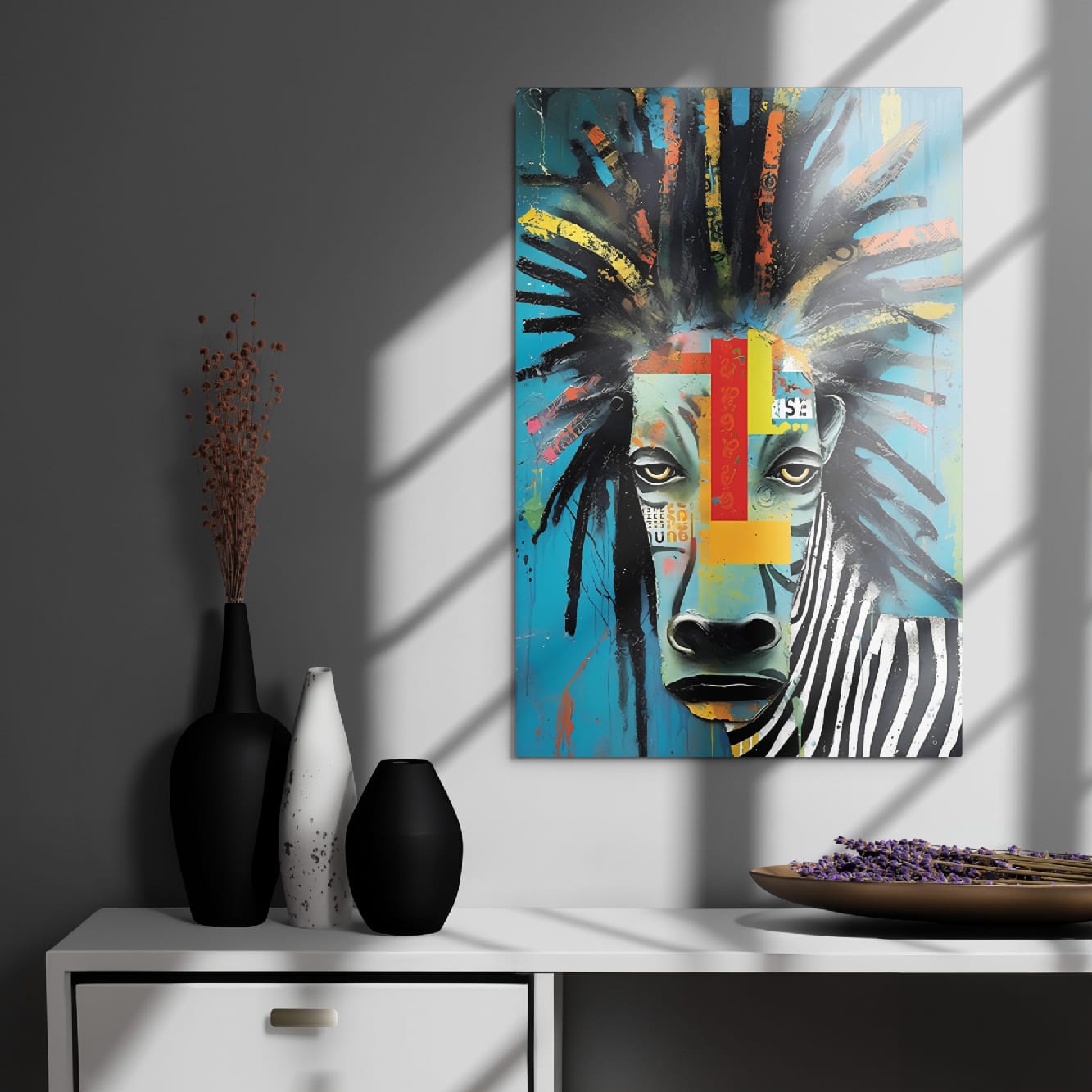 "Rebel Stripes" glossy metal poster 20"x30" on modern gray wall above console decor with window-light shadows, contemporary zebra portrait featuring teal background, multicolor spray accents, collage stripe mask, and bold zebra pattern, by GiveMeMood