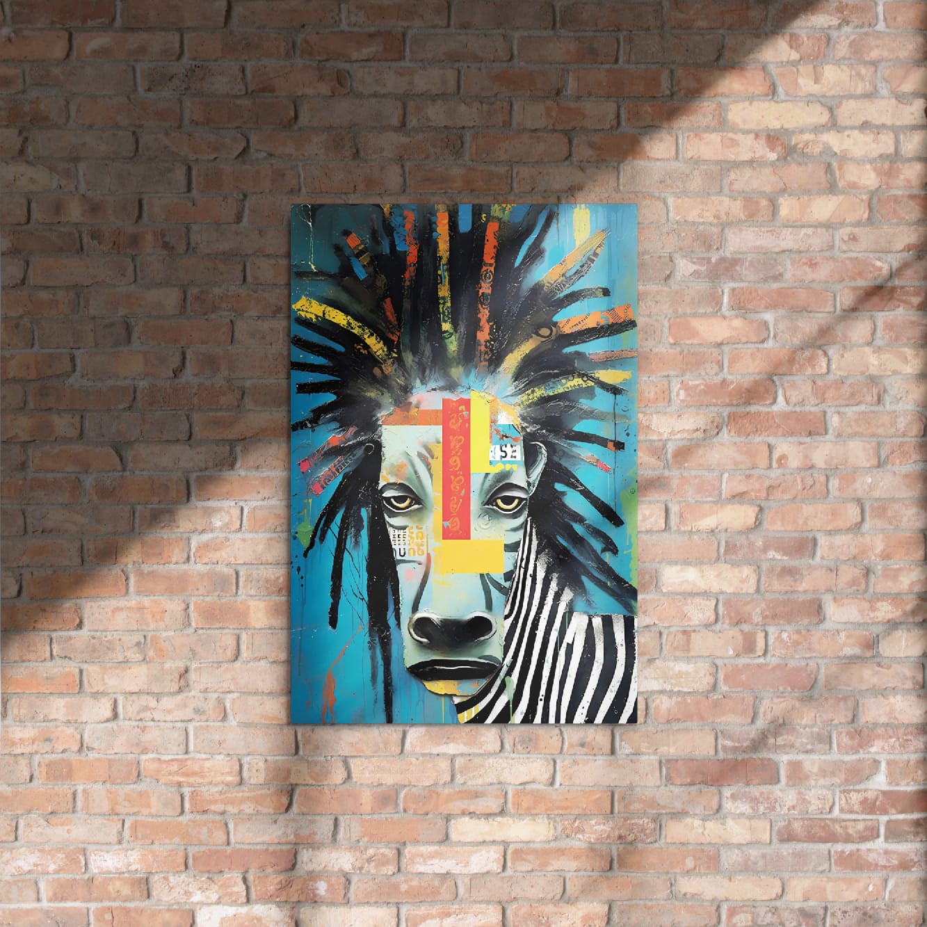 "Rebel Stripes" glossy metal poster 20"x30" on rustic brick wall with sun shadows, pop-art zebra portrait with dreadlock mane, turquoise/teal background, red/yellow geometric face accents, and bold black-and-white stripes, by GiveMeMood