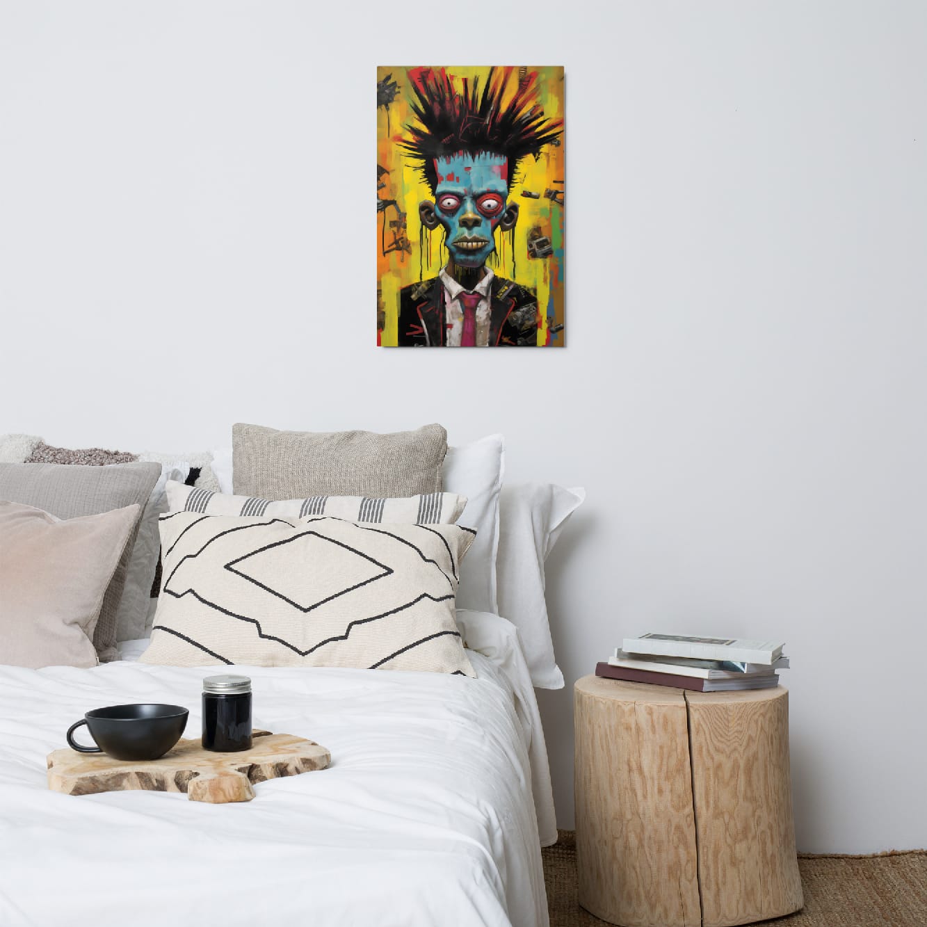 "Punk Rebel" glossy metal poster 20"x30" above bed in a modern bedroom, edgy punk wall decor with blue-faced spiky-haired character, intense stare, yellow/orange graffiti backdrop, and sharp suit details, by GiveMeMood