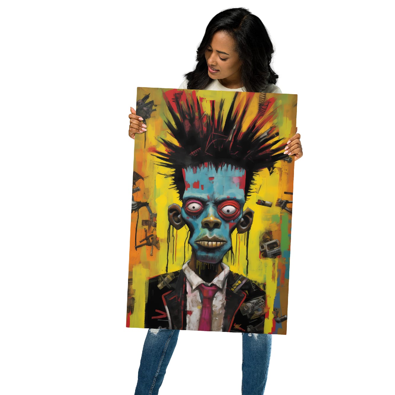 "Punk Rebel" glossy metal poster 20"x30" held by model, oversized punk street art metal wall print with blue-faced spiky-haired character, bold red-rimmed eyes, yellow/orange graffiti backdrop, and suit with red tie, by GiveMeMood