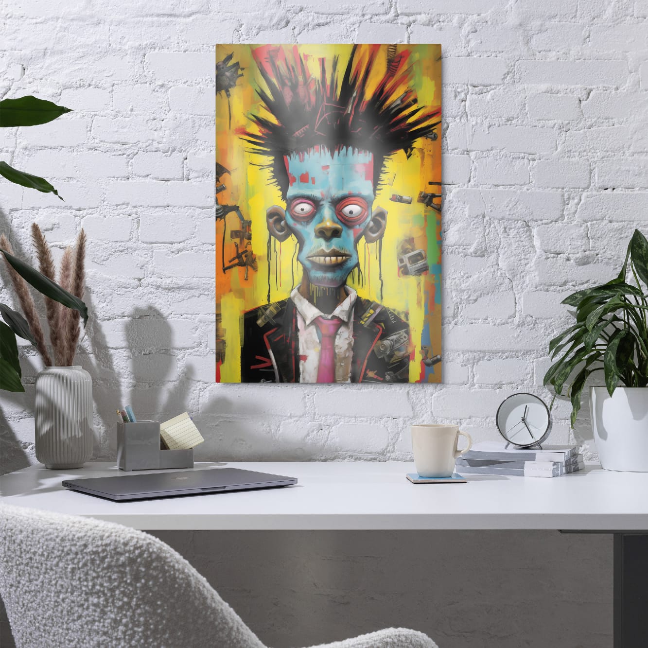 "Punk Rebel" glossy metal poster 20"x30" in a home office above desk on white brick wall, modern punk aluminum print featuring blue-faced rebel character, spiky hair silhouette, grunge graffiti textures, and red tie accent, by GiveMeMood
