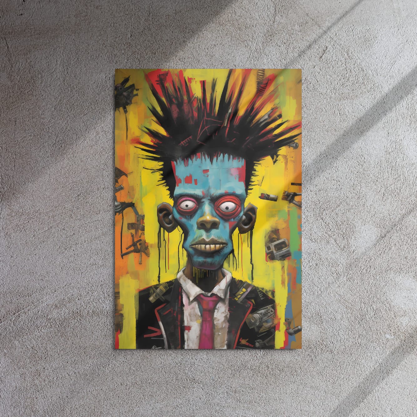 "Punk Rebel" glossy metal poster 20"x30" on textured concrete wall with diagonal window-light shadows, street-art punk portrait with blue face, wild spiked hair, yellow/orange background splashes, and drippy graphic details, by GiveMeMood