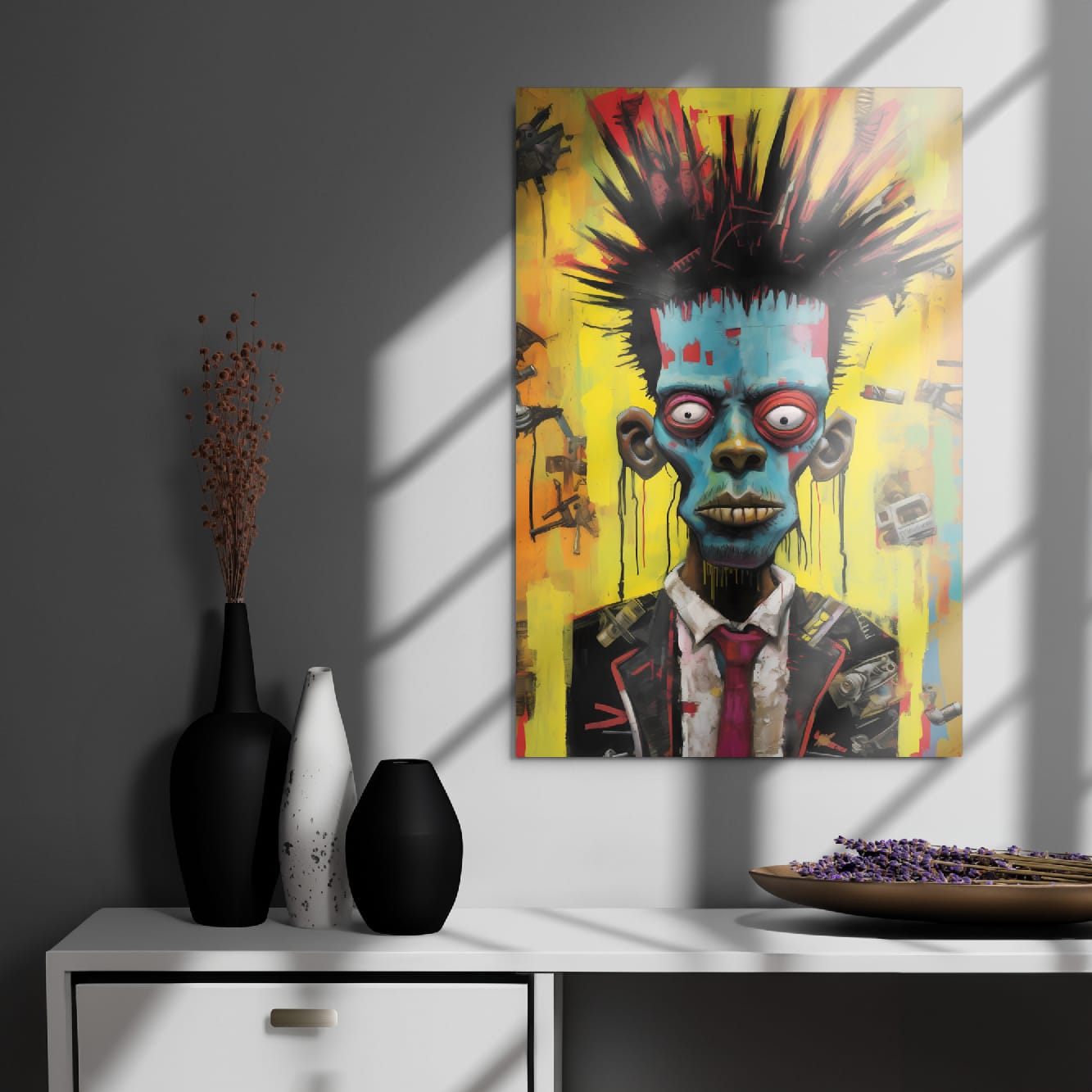 "Punk Rebel" glossy metal poster 20"x30" on modern gray wall above console decor with window-light shadows, vibrant punk portrait with blue face, spiked black hair, red eyes, yellow/orange paint-drip background, by GiveMeMood