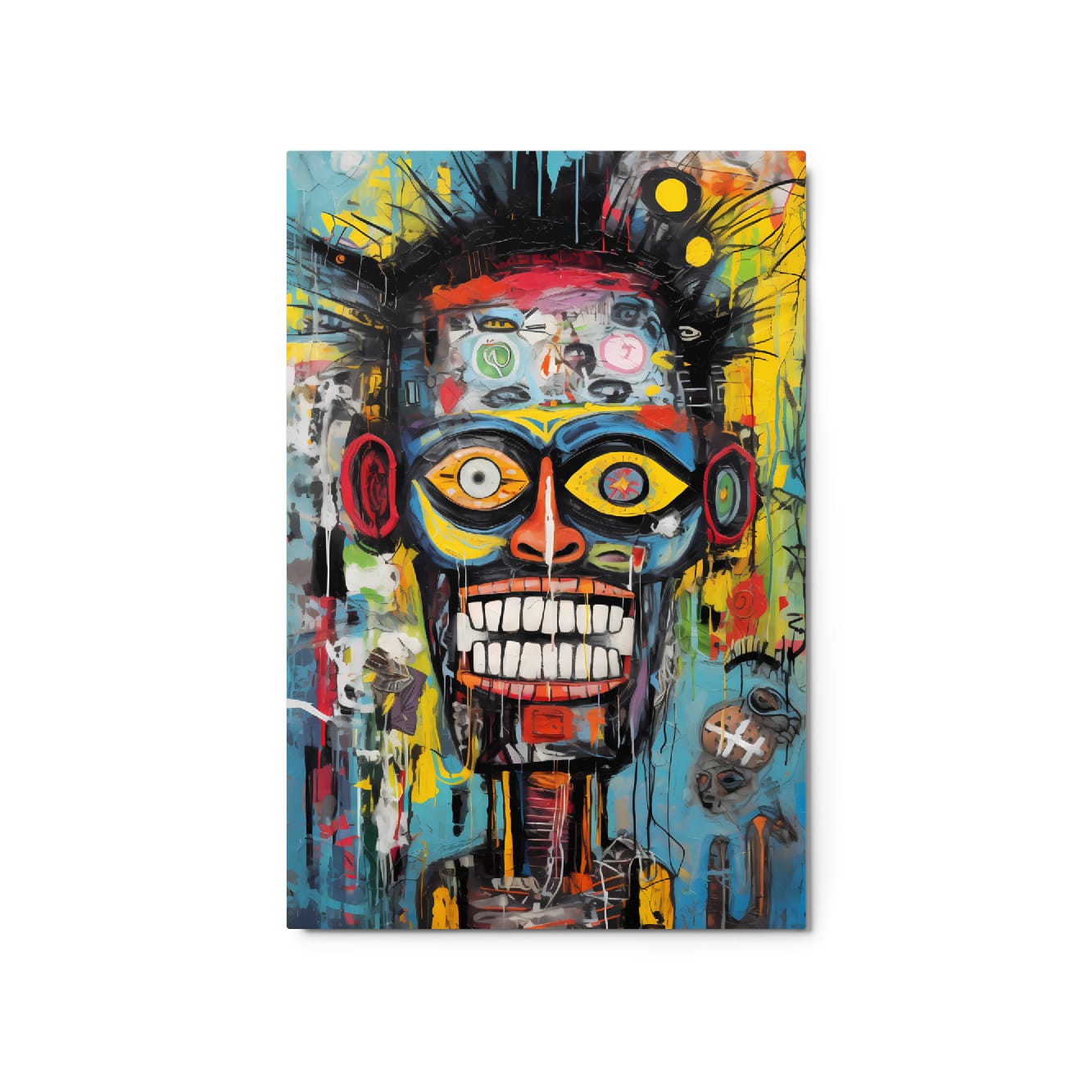 "Tribal Grin" glossy metal poster 20"x30" product photo on white background, close-up aluminum wall art featuring a vibrant tribal graffiti skull face with bold outlines, mixed-color splashes, and glossy finish detail, by GiveMeMood